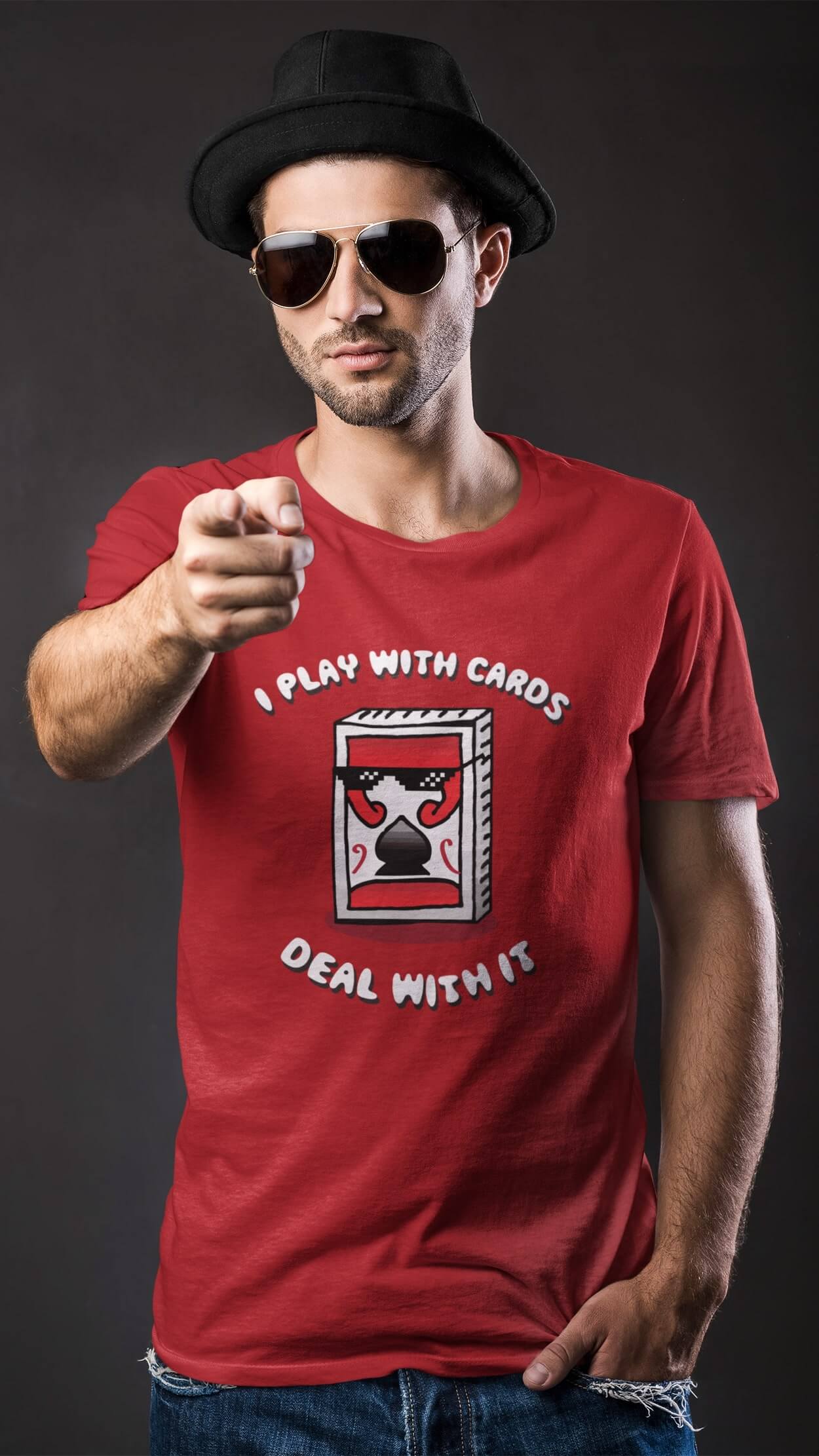 Playing Cards Deal With It Magician Poker Apparel of Laughs T-Shirt Red Model (1)